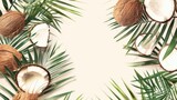 Top view of coconuts and green palm leaves on a textured white background, perfect for food, wellness, and tropical themes.