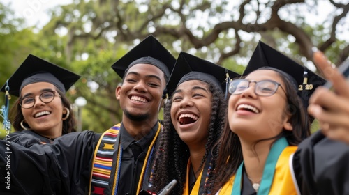 Diverse group of joyful graduates taking a selfie, embodying the spirit of celebration and diversity in education.