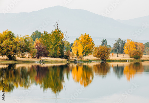 Symmetrical fall landscape with trees reflected in water photo