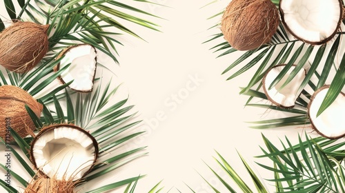 Top view of coconuts and green palm leaves on a textured white background, perfect for food, wellness, and tropical themes.