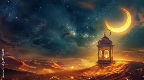 Vibrant night scene with a crescent moon illuminating a desert and lantern, ideal for themes of adventure, Eid Mubarak greetings