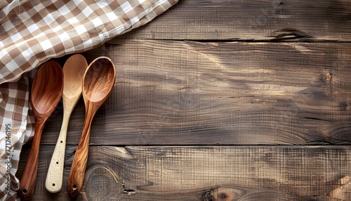 Wooden spoons and a napkin on a wooden base. Banner with space for your text.