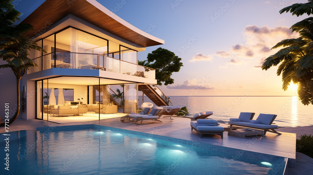 A 4K HDR beachfront villa with a private infinity pool, offering panoramic views of the sunset over the sea.
