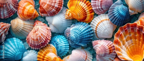 Colorful seashells together, summer and holiday background