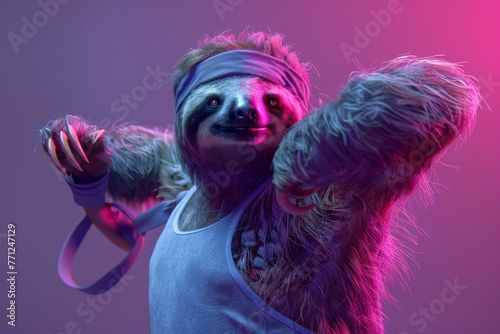 Energetic sloth in sportswear enjoying a dance party under radiant purple lighting