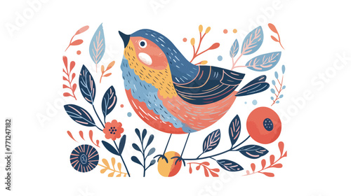 Cute bird vector illustration with plants 