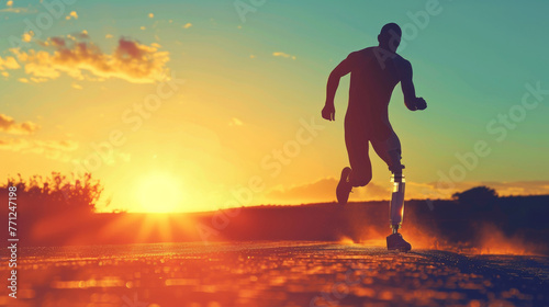 Sprinter at dawn, muscles tensed, prosthetic leg gleaming in the sunrise, embodying peak performance