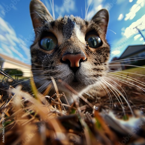 Unique Perspective of a Playful Tabby Cat Lying in Grass Captured with Fisheye Lens photo