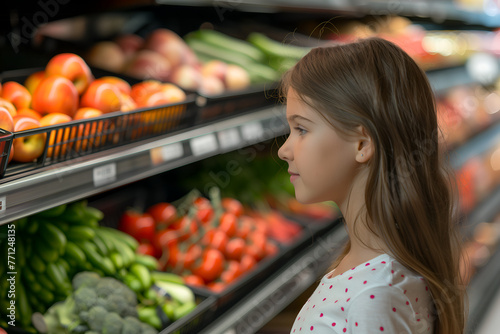 Happy family shopping at a grocery store chooses food items  fresh vegetables and fruits. 