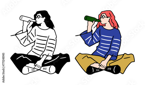 あぐらをかいて瓶ビールを飲む女性の線画イラスト