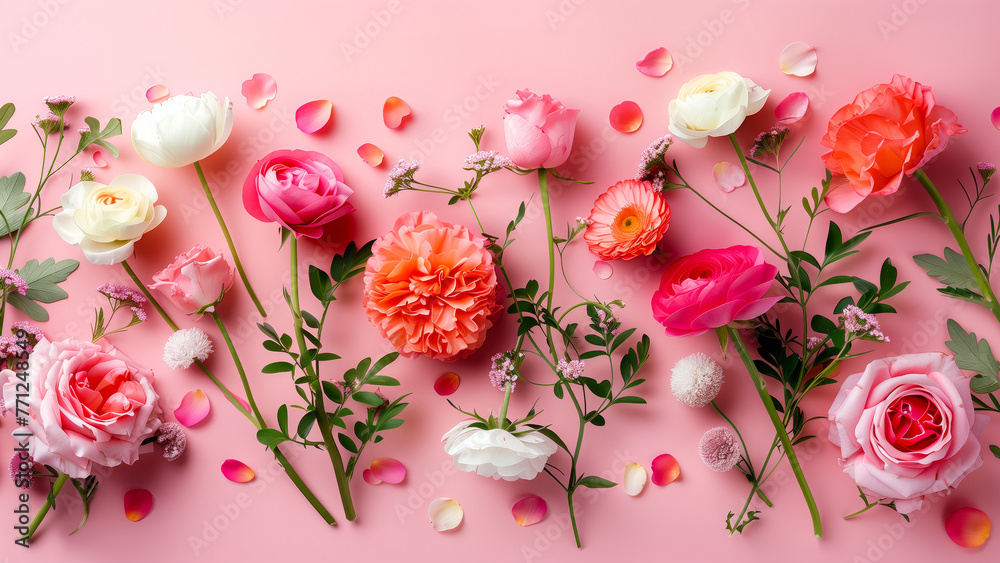 aAssorted pastel flowers scattered on pink background