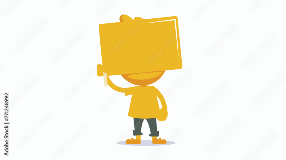 Cute yellow silhouette guy holding a blank sign on a white