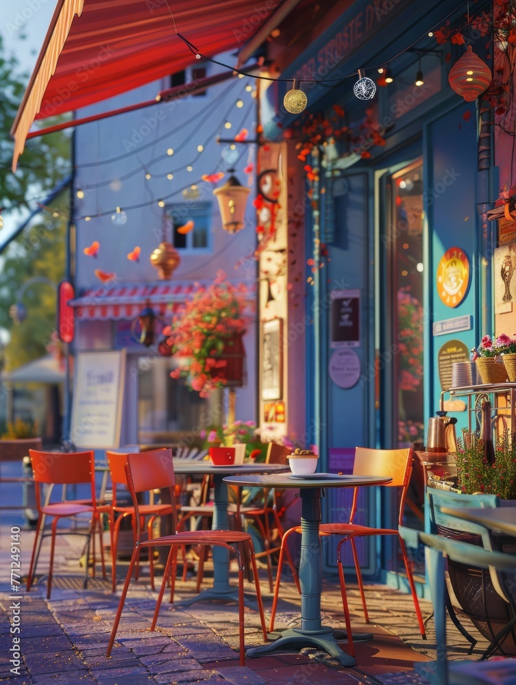 Fototapeta premium Vibrant Street Corner Cafe with Entrepreneurs Enjoying Coffee