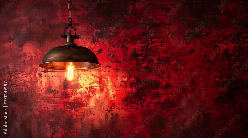 Vintage style hanging ceiling lamp on dark red tone concrete wall background
