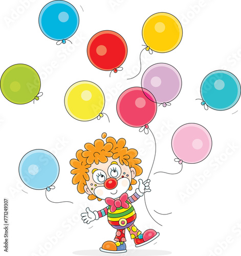 Funny red curly-headed circus clown playing with multi colored holiday balloons in a fun performance, vector cartoon illustration on a white background