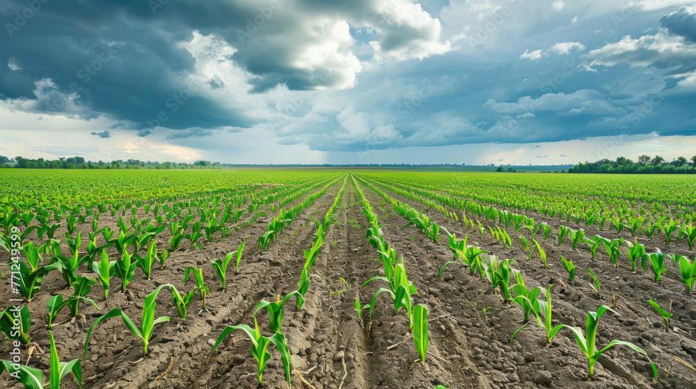 Rows of corn sprouts in the field in cloudy weather