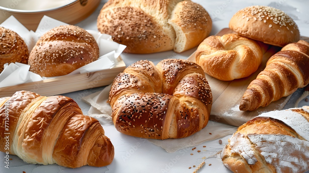 Freshly Baked Assorted Pastries on Display, Ideal for Breakfast or Snacks. Artisan Bakery Delights, Close-up View of Croissants and Breads. AI