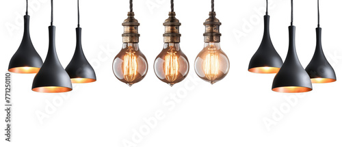 Minimalist cone-shaped pendant lamps with exposed filament bulbs on a transparent background.