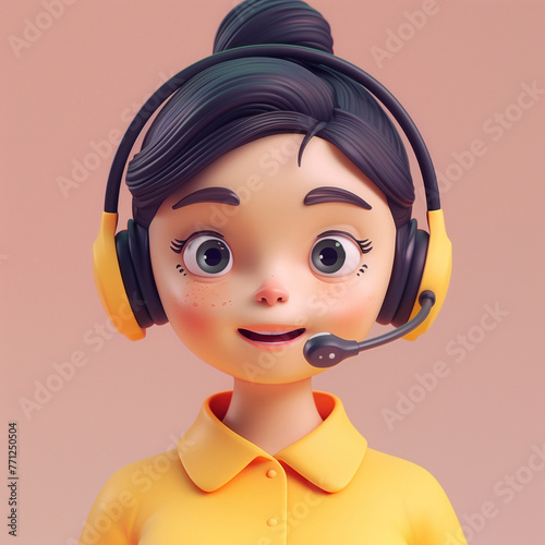 Call center female agent talking. 3d character. Front view. Young woman in yellow shirt with a headset. Customer support line © kovaleva_ka