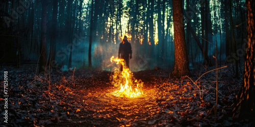 Fire flames arson damaged ecology wildfire danger. Forest burnt by fire with charred burnt trees and silhouette of man in woods. Climate change and environment natural disaster caused by people photo
