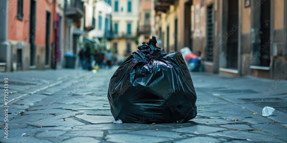 Obraz premium Global environmental pollution. Two plastic rubbish garbage trash bags on the city street in the middle of road. Cleaning of the living town zone. Environmental conservation ecology concept