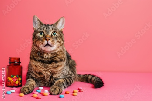 Curious Cat Peeking Over Table with Pills