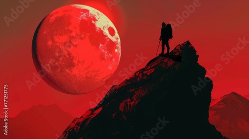 Lone Figure on Mountain with Giant Red Moon photo