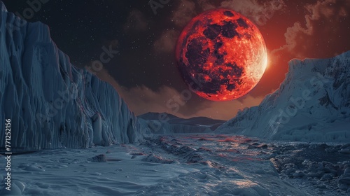 Fiery Moon Over Rugged Snowy Terrain photo