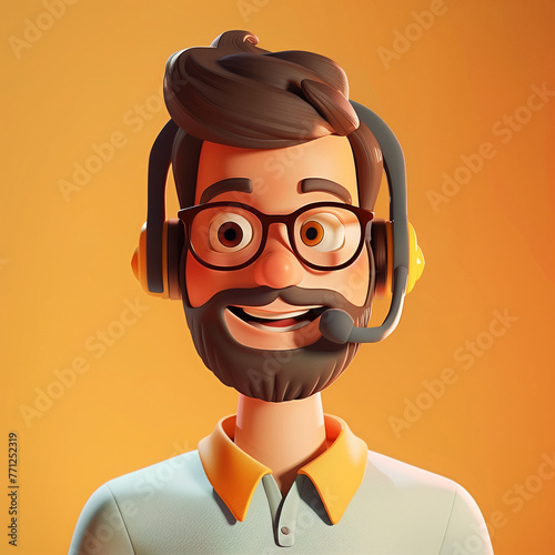 Call center male operator with a beard talking. 3d character. Man in white shirt  with a headset. Customer support line © kovaleva_ka