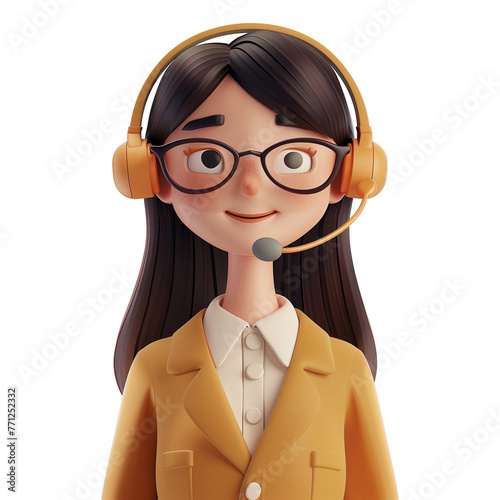 Call center Asian female operator talking. 3d character. Woman in yellow suit with a headset. Front view. Customer support line © kovaleva_ka