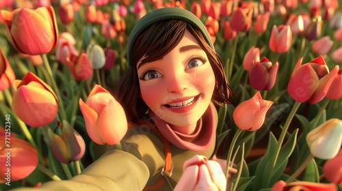 Young woman takes a selfie in the tulip field. Canadian Tulip Festival or Netherlands event. 3d © kovaleva_ka