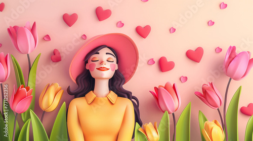 Smiling young woman in pink tulips and hearts. 3d illustration. Horizontal layout. For Canadian Tulip Festival or Netherlands event © kovaleva_ka