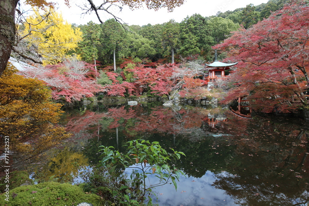 Benten-do, Benten-ike Pond and autumn leaves in Daigoji Temple, Kyoto, Japan