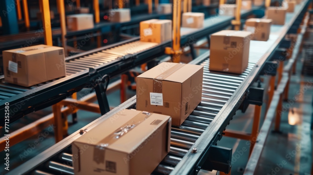 Packages on a conveyor belt in warehouse, representing logistics, delivery, and industrial efficiency Packages on a conveyor belt in warehouse, representing logistics, delivery, and industrial efficiency