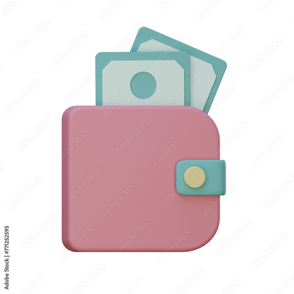 3D render of a wallet and cash bills icon with pastel colors, ideal for illustrations of shopping and e-commerce concepts. 3D render of a wallet and cash bills icon with pastel colors, ideal for illustrations of shopping and e-commerce concepts.