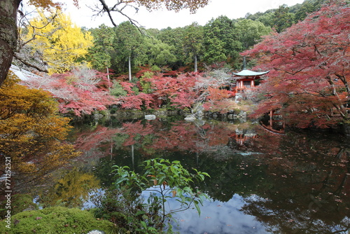Benten-do  Benten-ike Pond and autumn leaves in Daigoji Temple  Kyoto  Japan
