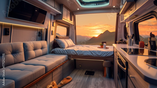 A 4K HDR family road trip in a spacious RV, with a comfortable interior, bunk beds for kids, and scenic routes along the way. © AQ Arts