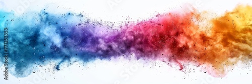 Holi festival, a festive banner. Colorful powder explosion in rainbow colors on white background.