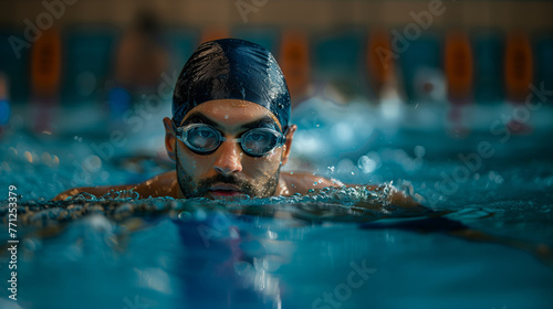 Close up of a Man wearing Swimming Goggles in the swimming pool, telephoto