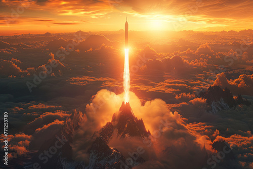 rocket launch through clouds at dawn. the beginning, the start. space flight, travel, tourism. photo