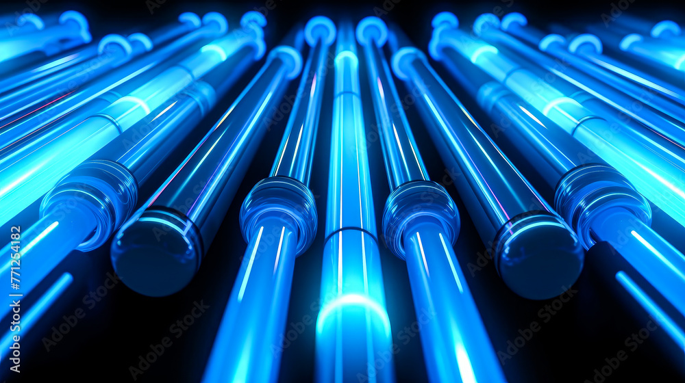 Glowing neon blue tubes in a futuristic array against darkness - Generative AI Glowing neon blue tubes in a futuristic array against darkness - Generative AI