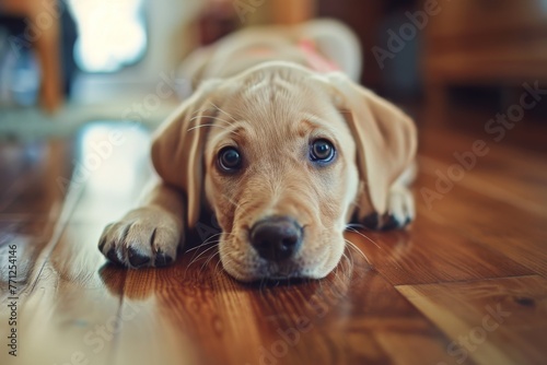 cute labrador dog puppy lies on a wooden floor of an appartement looking in the camera photo
