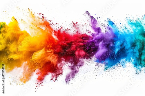 colorful rainbow holi paint color powder explosion on white. wide panorama background. photo
