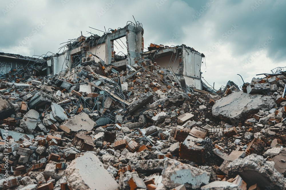 Fototapeta premium Bauschutt vor einem Haus das abgerissen wird
