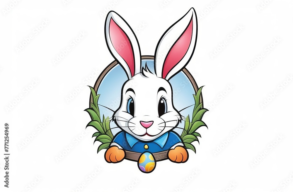 A cartoon bunny in a blue shirt holding a decorative Easter egg, framed by greenery A cartoon bunny in a blue shirt holding a decorative Easter egg, framed by greenery
