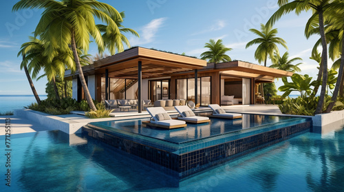 A 4K HDR lavish beachfront villa with a private infinity pool overlooking a pristine tropical beach.
