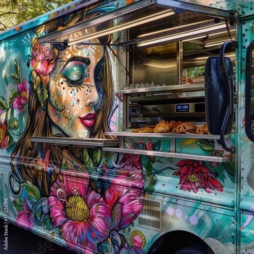 Artistic Food Truck with Flower and Woman Mural photo