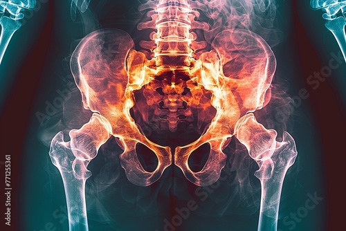 Xray illustration of stiff, painful hips, showing movement limitations, strain on joints, angled view 