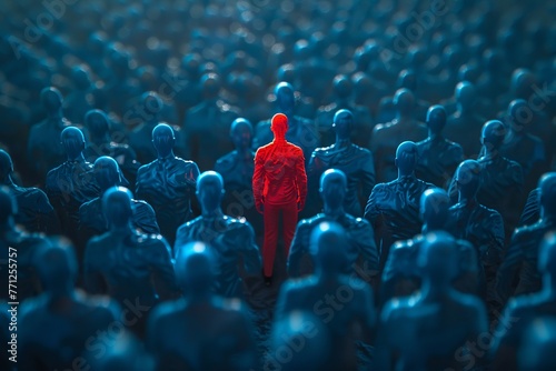 Bright red figure in thinker pose among passive blue figures, strategic leadership, isolated, direct light photo