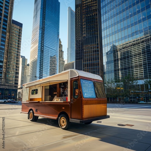 Modern Food Truck in Cityscape with Skyscrapers photo